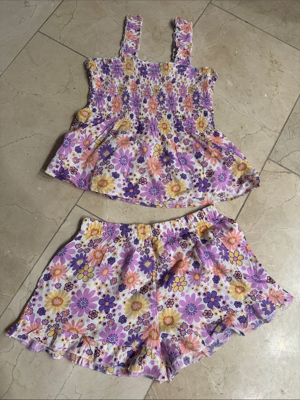 Zunie Purple Floral Smocked Tank & Shorts Set